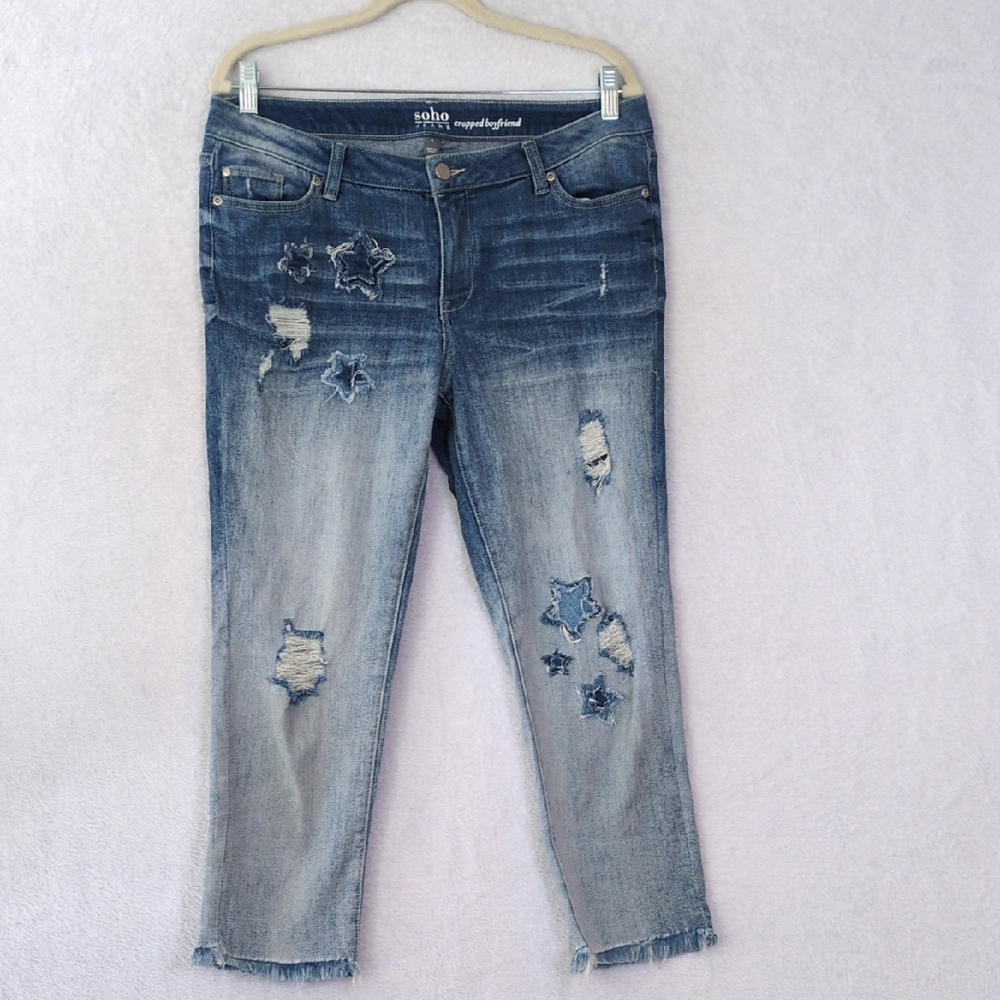 Soho Women's Ombre Stars Patchwork Cropped Boyfriend Jeans Size 8‎